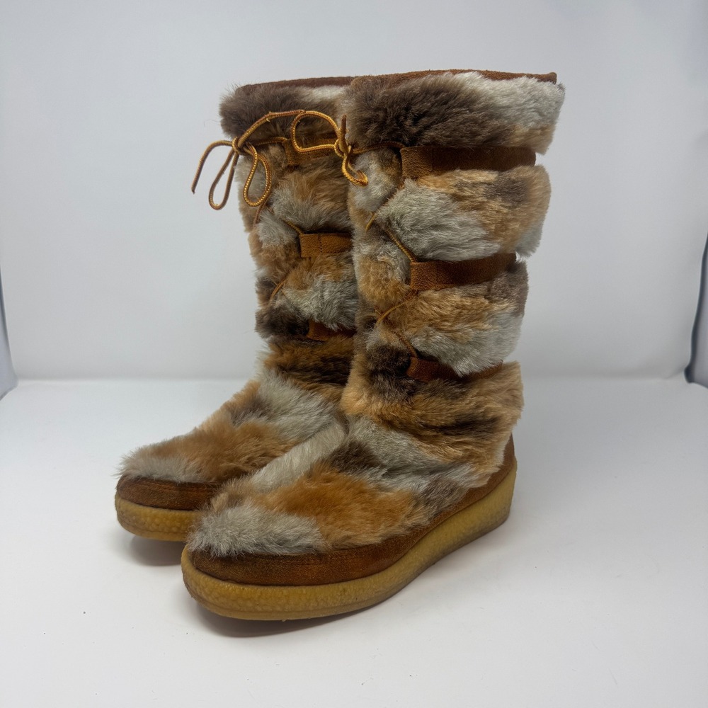 VTG Yodelers 70s Faux Fur‎ Suede Snow Boots Womens 5.5 Brown Mid Calf Winter